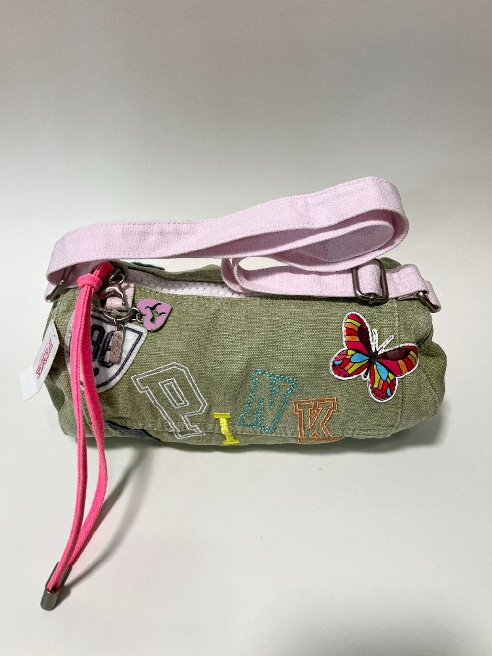 Victoria Secret Pink Canvas Roller Duffle Shoulder Bag Seaglass Heritage Patch